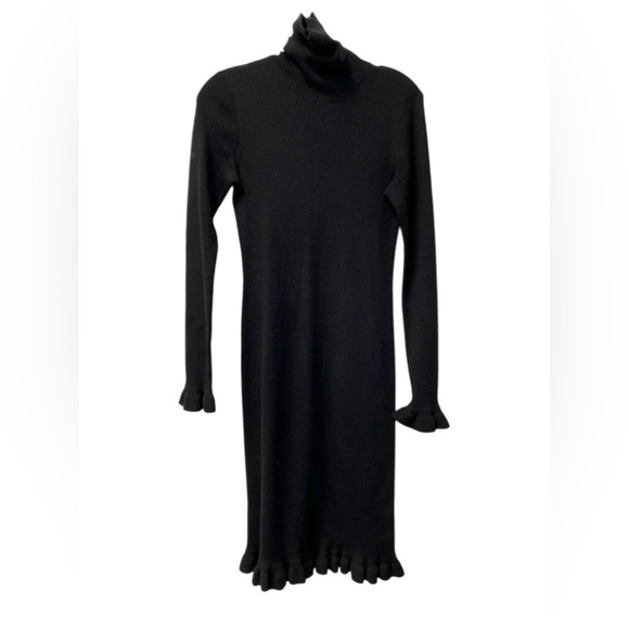 Ralph Lauren Black Italian Marino Wool Turtleneck Sweater Ruffle hem Dress sz M - Picture 1 of 10